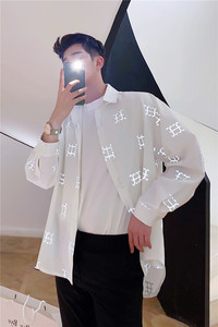 22夏新款未来设计感强反光印花小众潮流休闲夜店长袖衬衣S85-P75图片