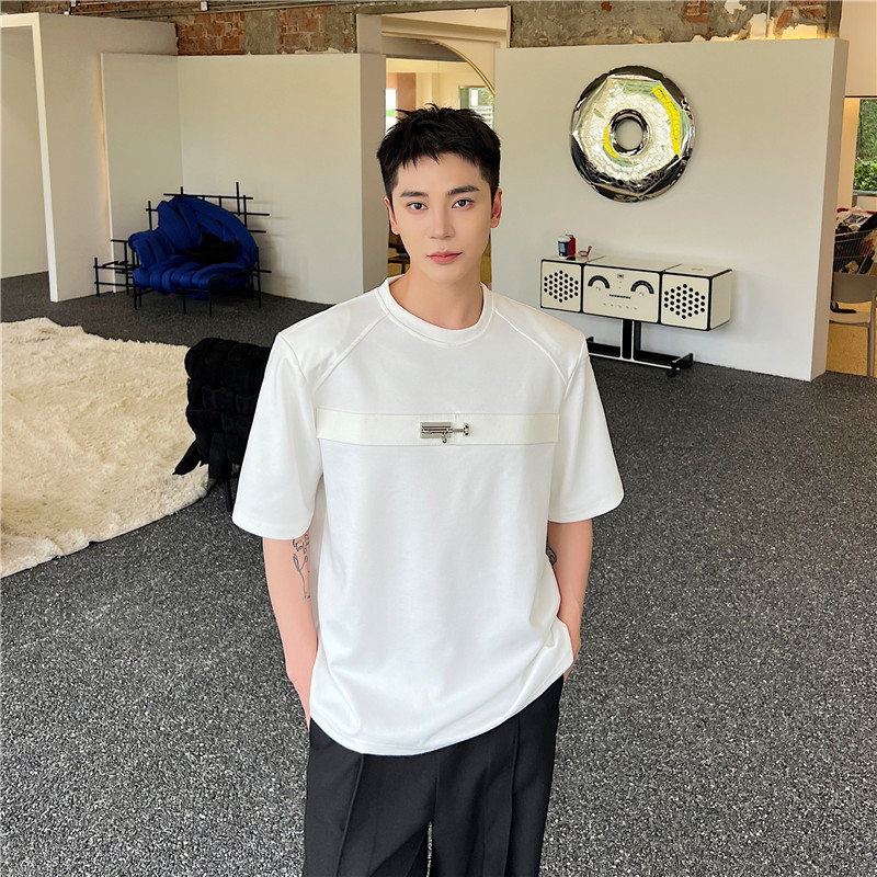 23夏新款潮流时髦高级感个性皮带金属装饰宽松休闲韩版T恤D35-P75,男装T恤,星座1304（原C205）