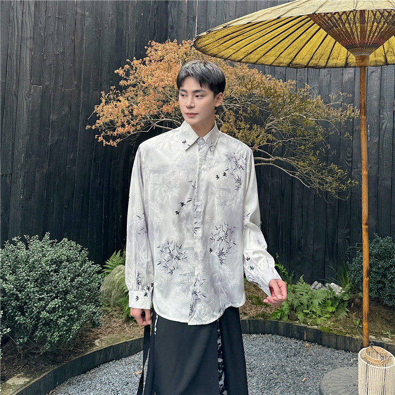 24年新款潮流时髦新中式风印花绸缎感宽松休闲长袖衬衣S285-P75,男装衬衫,星座1304（原C205）