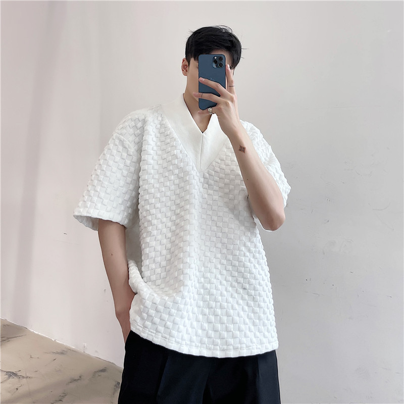 22夏季新款潮流个性华夫格大V领小众设计文艺宽松短袖T恤D06-P60,男装T恤,星座1304（原C205）