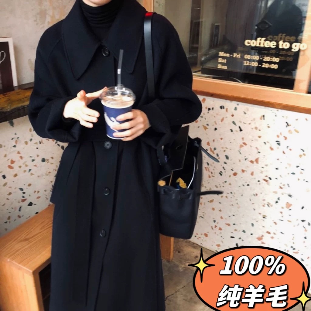 小小幸运秋冬新款双面羊绒大衣女100%纯羊毛呢外套黑色韩版长款