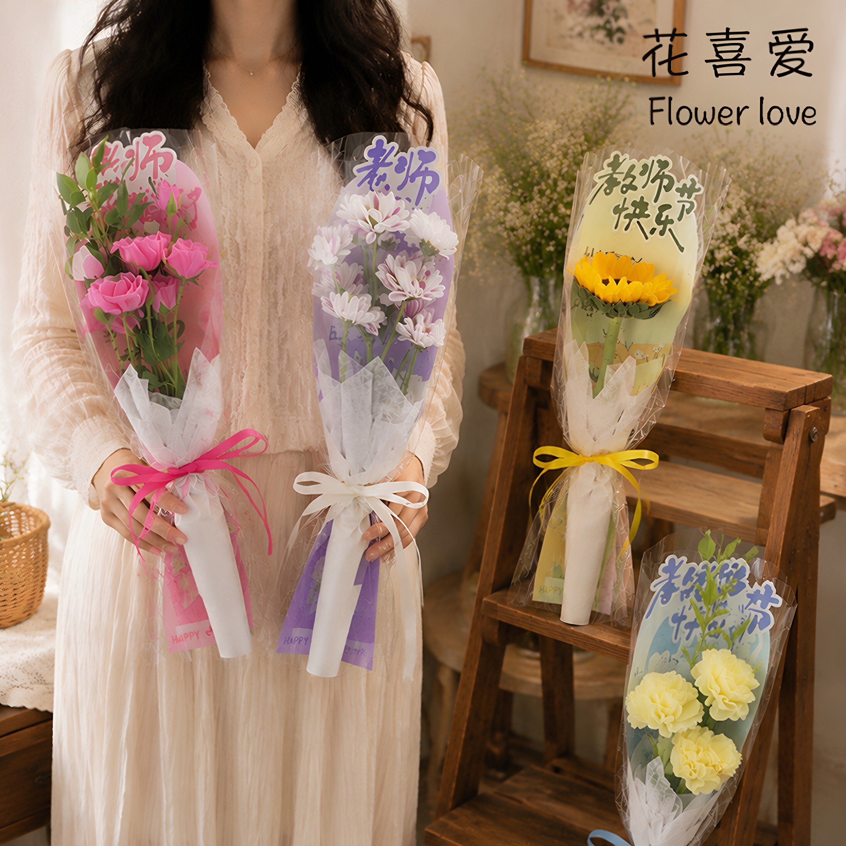 立体教师节花束单支套袋