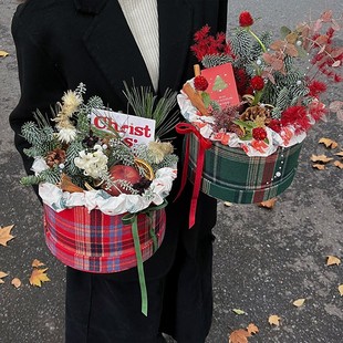 花喜爱圣诞节小香风圆盒圣诞礼物插花盒苹果盒水果鲜花盒手工diy