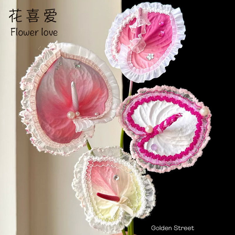 花喜爱粉色系韩国蕾丝花边花结