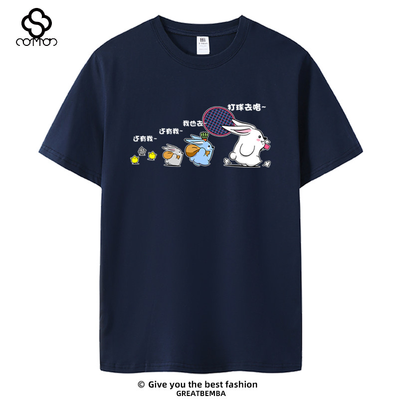 新款卡通兔子图案羽毛球文化衫短袖T恤男女款运动休闲情侣大码夏