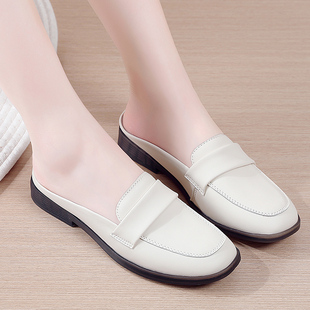 韩版外穿懒人包头拖鞋女2025年春夏季休闲百搭圆头平底真皮女凉拖