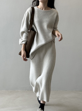 言双 圆领毛衣+半身裙套装女 秋季简约针织衫裙子慵懒两件套P220