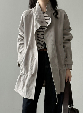 言双 韩系立领收腰抽绳风衣外套女 秋季气质显瘦中长款大衣71200