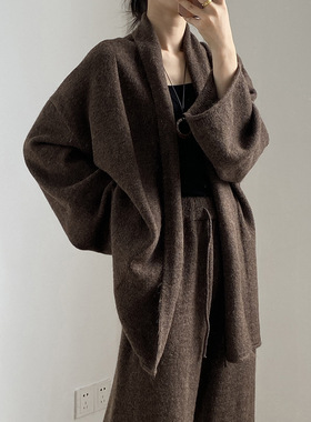 言双 慵懒风系带针织开衫女两件套秋冬高级感高腰阔腿裤套装P1018