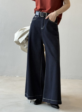 言双 复古直筒牛仔裤女秋季设计感宽松拖地休闲阔腿裤含腰带