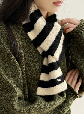 言双 韩系显白撞色条纹围巾女 冬季时尚保暖百搭交叉围脖W563