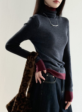 言双 撞色高领套头针织打底衫女 冬季休闲修身长袖内搭上衣P352