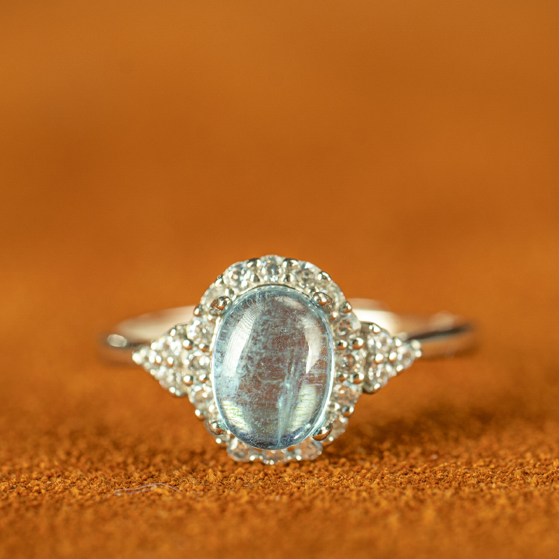 【秒杀】珠宝极品质 天然高晶体透海蓝宝镶嵌纯银戒子指环首饰品