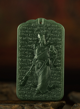 文玩精品收藏〓天然和田青花墨玉苏工精雕武财神关公玉牌吊坠项链