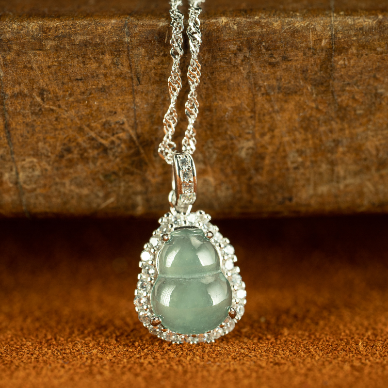 【秒杀】一眼心水 天然A货翡翠冰种葫芦925纯银镶嵌设计吊坠项链