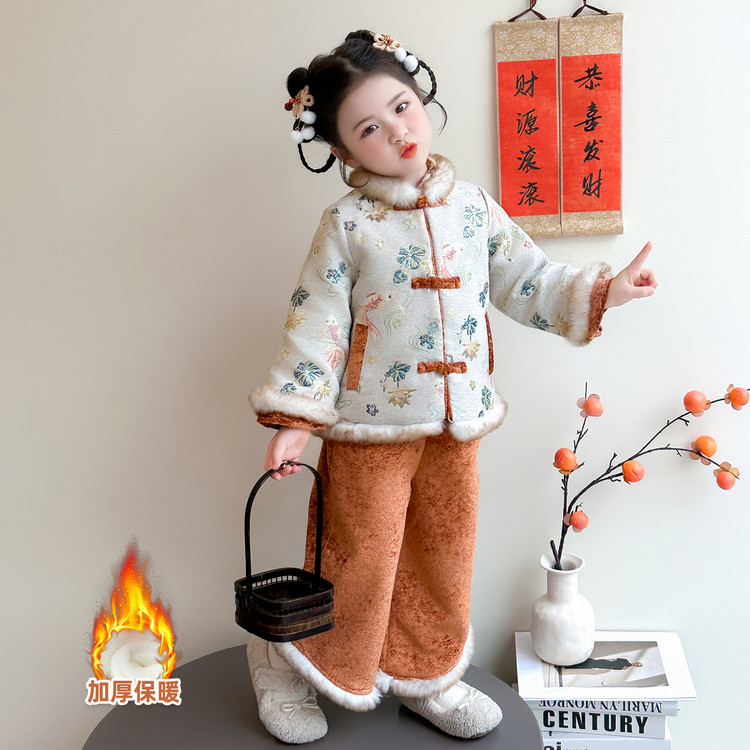女童加绒冬季汉服套装拜年服女宝宝加厚唐装新年装中式保暖国风潮