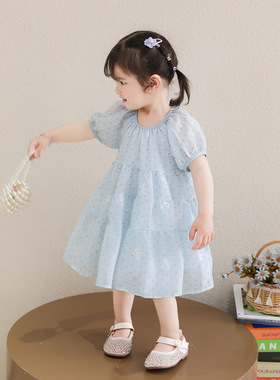 女童夏季蓝色波点连衣裙2026新款薄款洋气韩系女宝宝泡泡袖公主裙