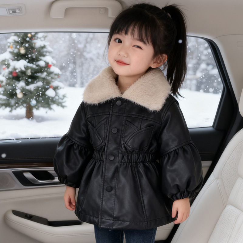2025新款女童pu皮衣秋冬装洋气翻领加厚女宝宝防风加绒夹棉外套潮