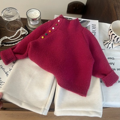 衣酷贝比2025新款秋冬女童彩色扣半高领毛衣儿童加绒阔腿裤两件套