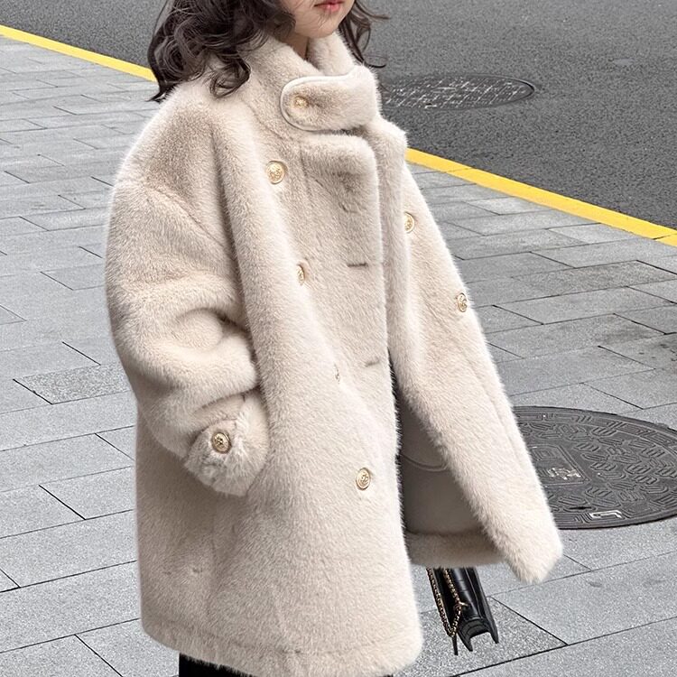 女童皮毛一体外套冬季仿皮草人造毛皮新款女宝中长款羊羔毛毛呢大