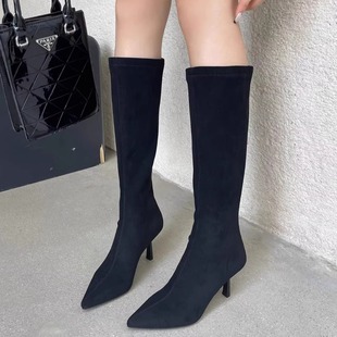 专柜2025冬新款黑色绒面长靴女加绒尖头细高跟弹力靴不掉筒瘦瘦靴