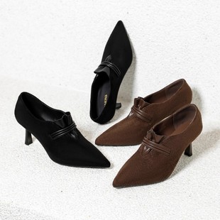 一代佳人牛奶绒高跟鞋女百搭尖头细跟深口单鞋及踝靴2025冬季新款