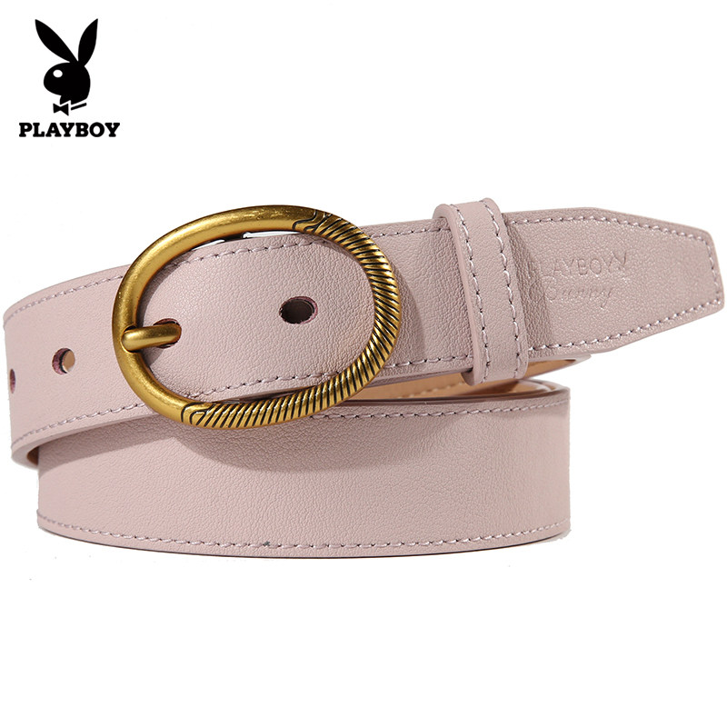 花花公子皮带女士2026新款真皮针扣腰带女款休闲牛仔裤带装饰粉色