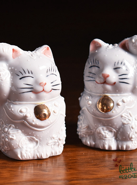 日本代购 招财猫 白色 微笑天使 九谷烧 传统传统 开运摆件 一对