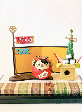 日本代购 红色武士猫咪 梅花 手工制作 传统和风 木偶 摆件装饰