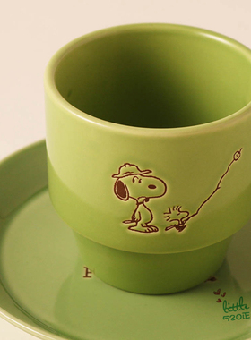 日本代购 Snoopy史努比 可爱绿色陶瓷马克杯水杯 餐盘料理盘