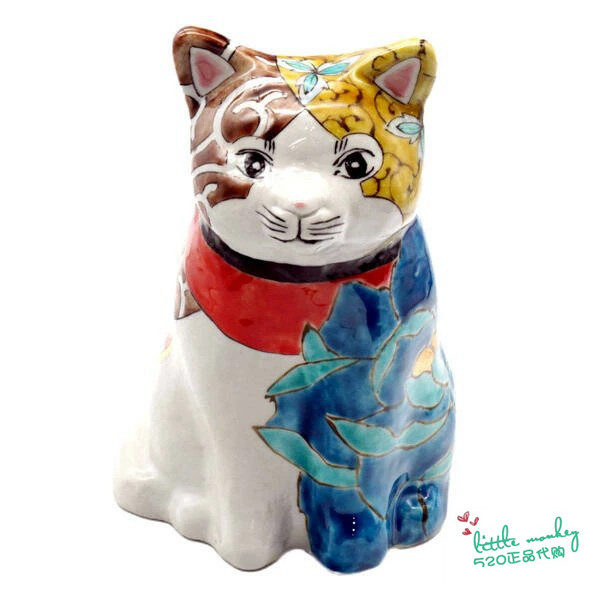 日本代购 招财猫猫 青牡丹 九谷烧 传统技艺 陶瓷日式开运摆饰
