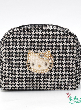 日本代购 HelloKitty凯蒂猫 时尚 贴钻 千鸟格 化妆包小物收纳包