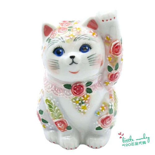 日本代购 招财猫 蓝眼 玫瑰小花 匠人手工手绘 陶瓷开运招财摆件