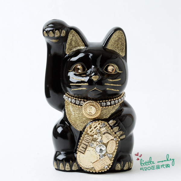 日本代购 招财猫猫 黑色 职人手工 贴钻 陶制招财开运日式摆饰
