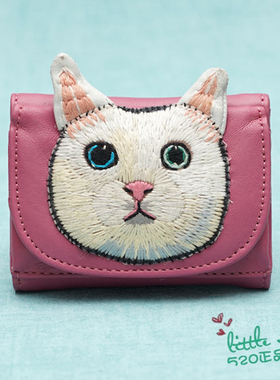 日本代购 白猫 职人手工 刺绣 时尚 羊皮真皮红色折叠短款钱包
