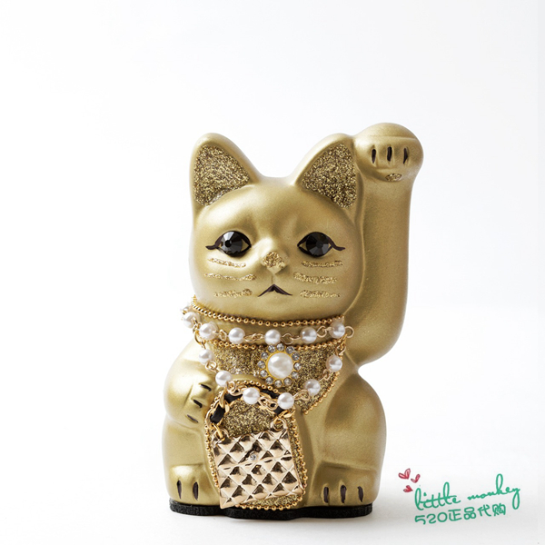 日本代购 招财猫 戴珍珠项链 金色 职人手工贴钻陶制开运日式摆件