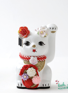 日本代购 招财猫 白色 职人手工制作 贴钻 精致陶制开运日式摆件