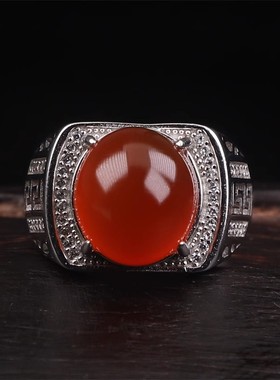 纯天然保山南红 无裂原矿黑红料冰红戒面 男款925银戒指 8.31克