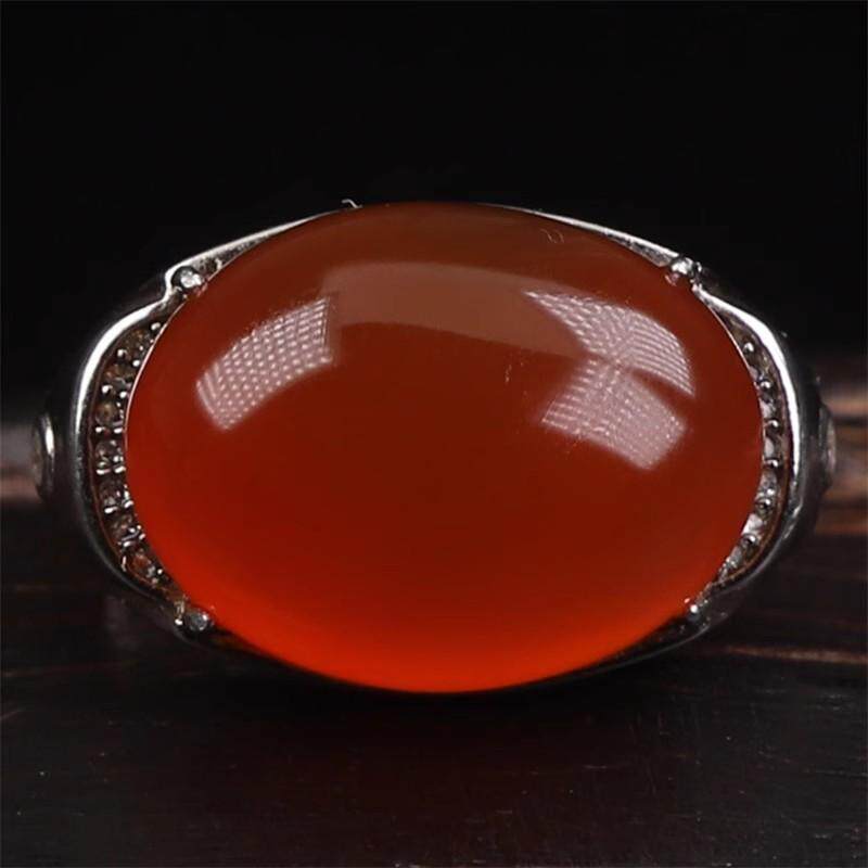 纯天然保山南红 无裂原矿冰红蛋面 925银镶嵌男款戒指戒面 8.21克