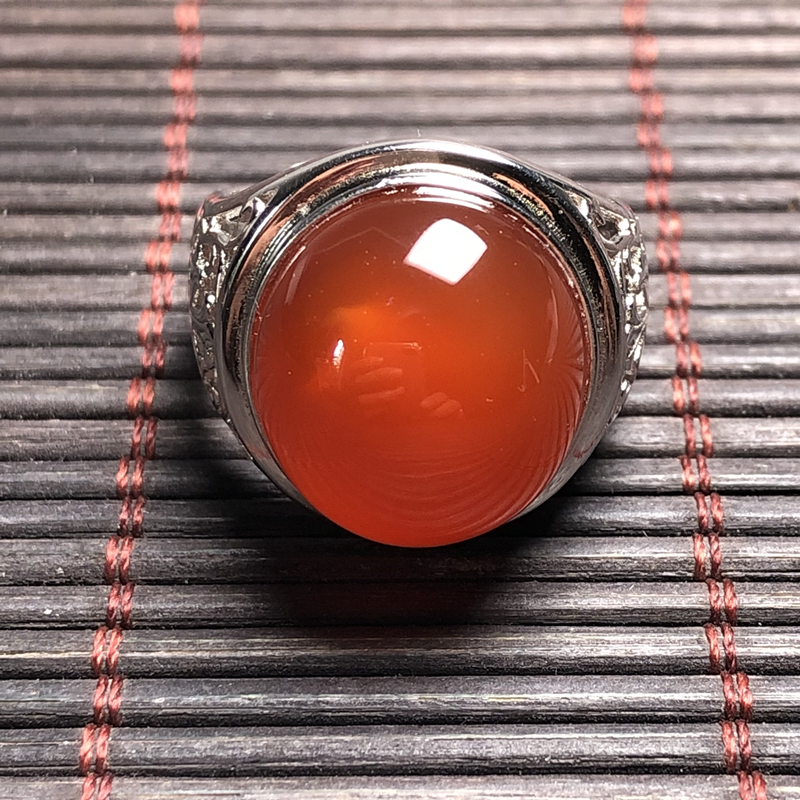 保山料南红天然无裂原矿冰红戒面蛋面 男士男款戒指925银镶嵌11克