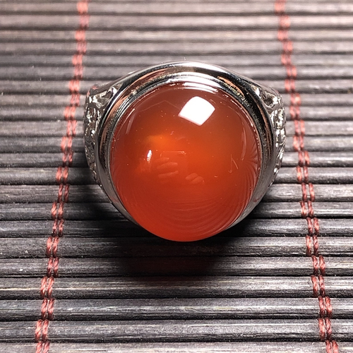 保山料南红天然无裂原矿冰红戒面蛋面 男士男款戒指925银镶嵌11克