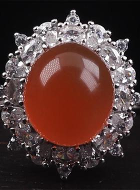 天然保山料南红玛瑙 无裂原矿冰红戒面女士戒指 925银镶嵌 4.66克