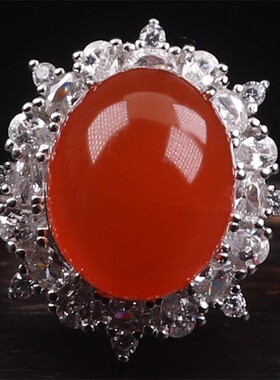 纯天然保山南红玛瑙 无裂原矿冰红戒面戒指 女款925银镶嵌 5.37克