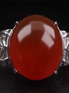 天然保山南红 无裂原矿冰红牛血红蛋面 925银男款戒指戒面 9.44克