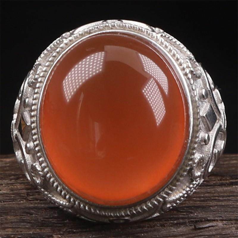 纯天然保山南红 无裂原矿冰红蛋面 925银镶嵌男款戒指戒面 11.8克