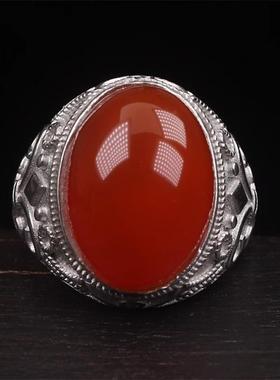 天然保山南红玛瑙 无裂原矿冰红色 925银镶嵌男款戒指戒面10.85克