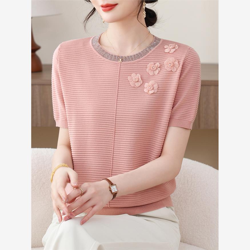 冰丝短袖t恤女2025新款中老年妈妈夏装花朵针织上衣薄款夏季套装