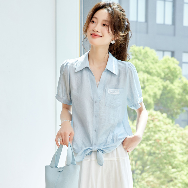 棉短袖衬衫女夏季薄款高级感小个子气质翻领轻奢减龄纯色小衫上衣