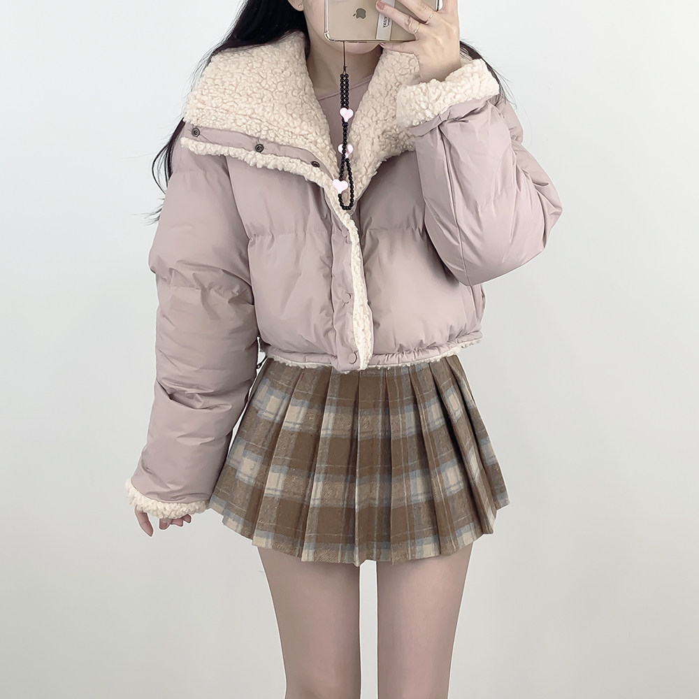 现货 短款爆款冬季新款面包服时尚洋气羊羔毛拼接两面穿羽绒服女