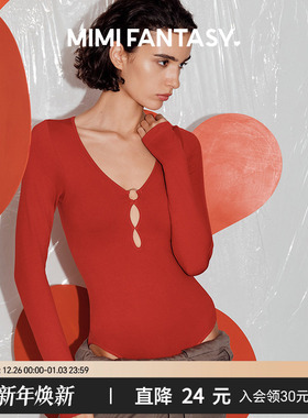 mimi fantasy低胸深V领上衣带胸垫红色辣妹性感连体轻塑身显瘦T恤